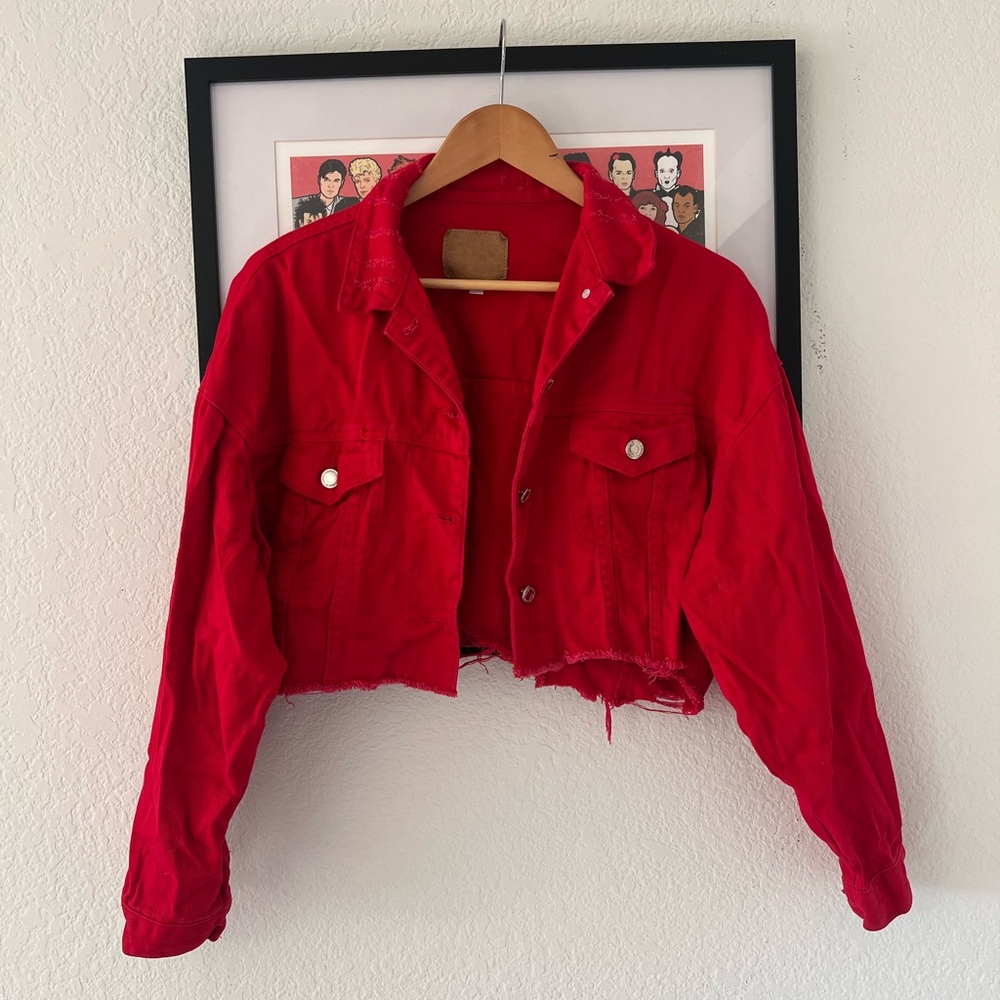 SHEIN True Red Cropped Distressed Raw Hem Denim Jean Trucker Jacket M Edgy Coat